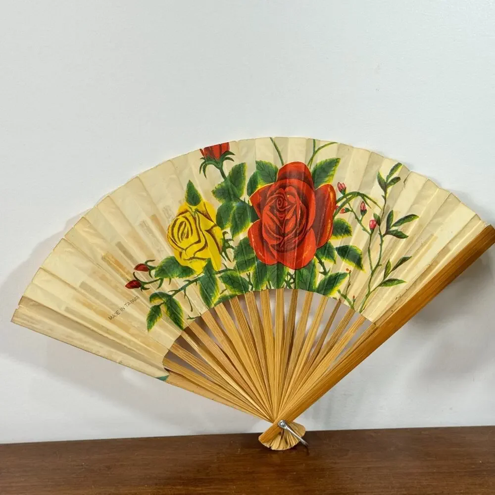 Vintage Taiwan Folding Hand Fan Bamboo Paper Roses Floral Red Yellow 8.5